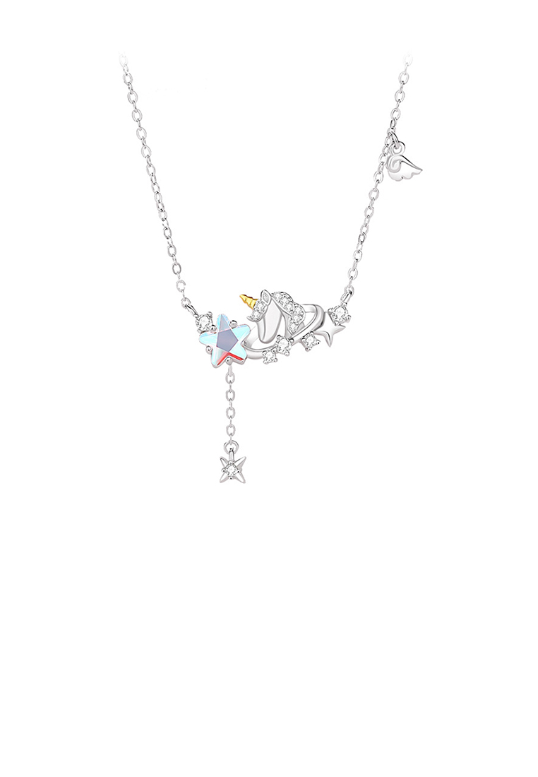 SOEOES 925純銀時尚創意獨角獸星星流蘇吊墜配方晶鋯石和項鍊