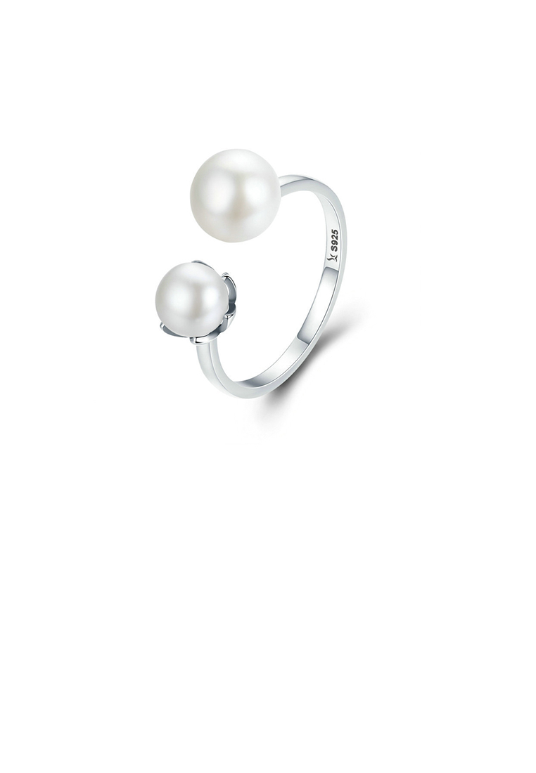 SOEOES 925純銀時尚簡約幾何淡水珍珠可調式開口戒指