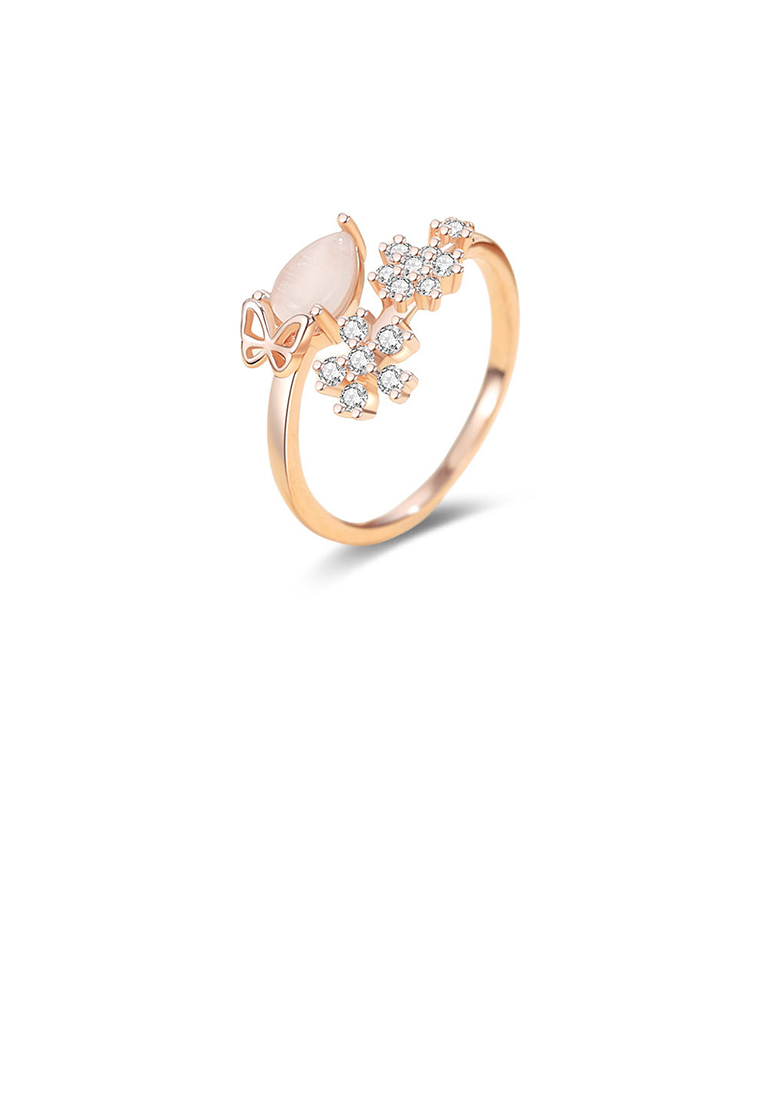 SOEOES 925 純銀鍍玫瑰金時尚簡約花可調式開口戒指配方晶鋯石