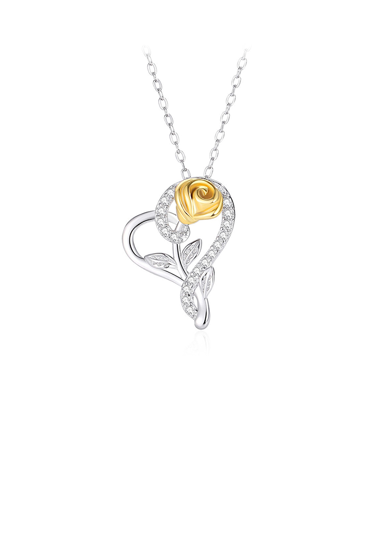 SOEOES 925 純銀時尚浪漫金玫瑰心形吊飾配方晶鋯石與項鍊