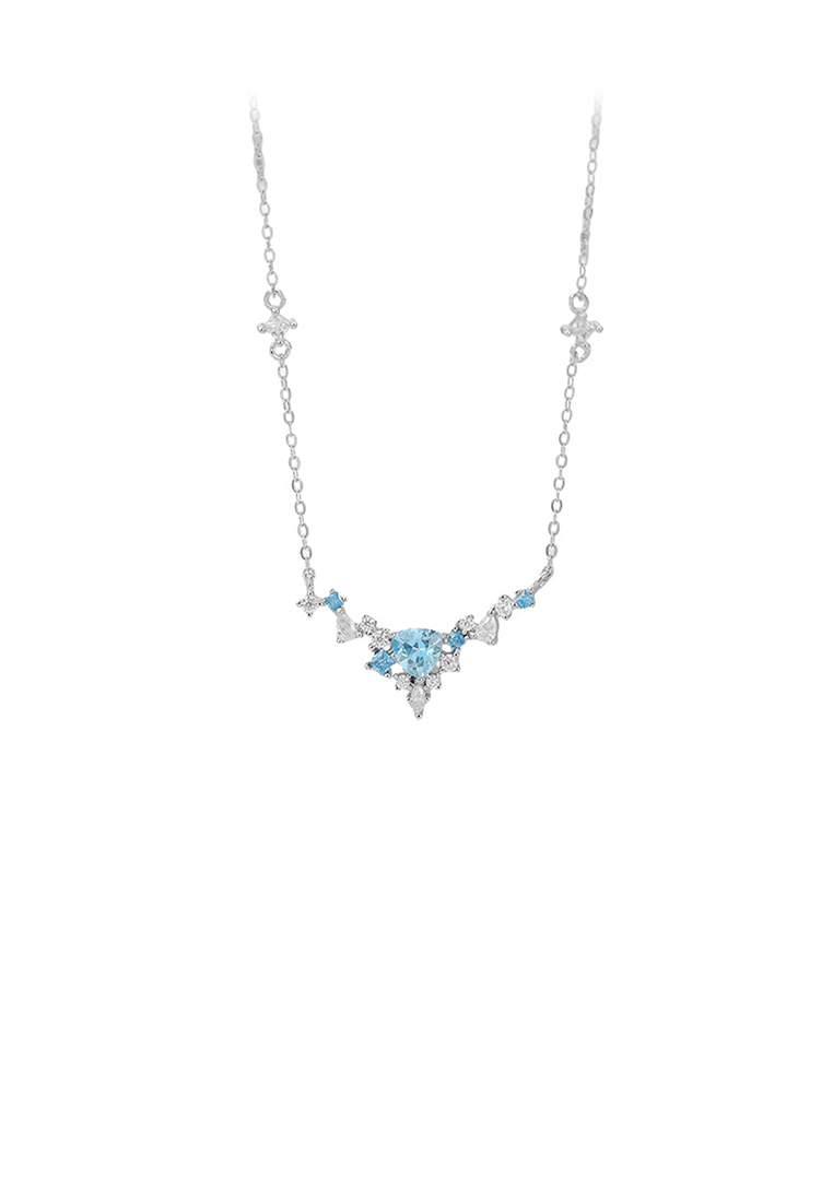 SOEOES 925 純銀時尚簡約翼形吊墜搭配藍色方晶鋯石與項鍊