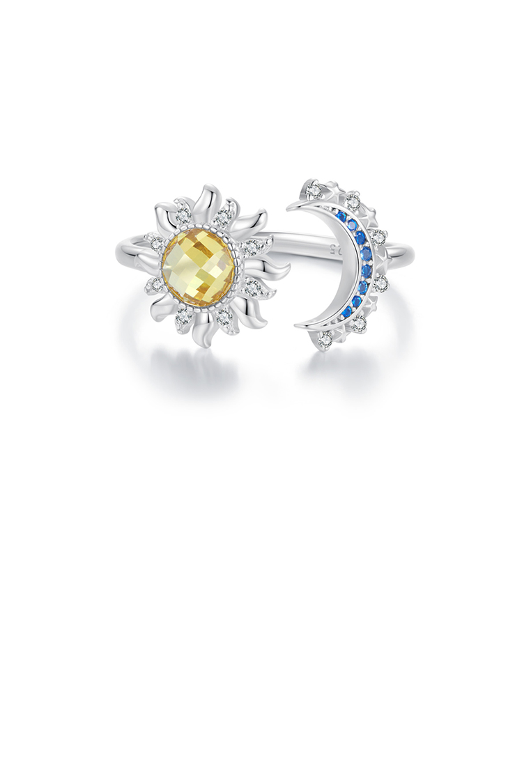 SOEOES 925 純銀時尚創意日月可調式開口戒指配方晶鋯石