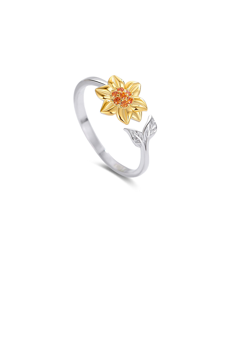 SOEOES 925純銀時尚氣質金向日葵可調式開口戒指配方晶鋯石