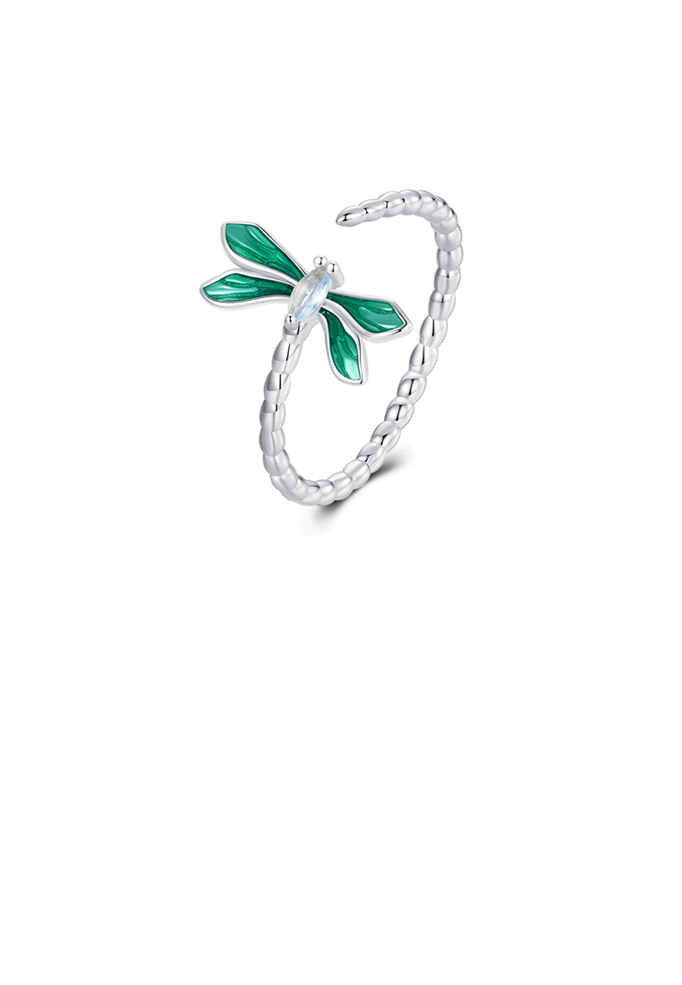 SOEOES 925 純銀簡約時尚琺瑯蜻蜓可調式開口戒指配方晶鋯石