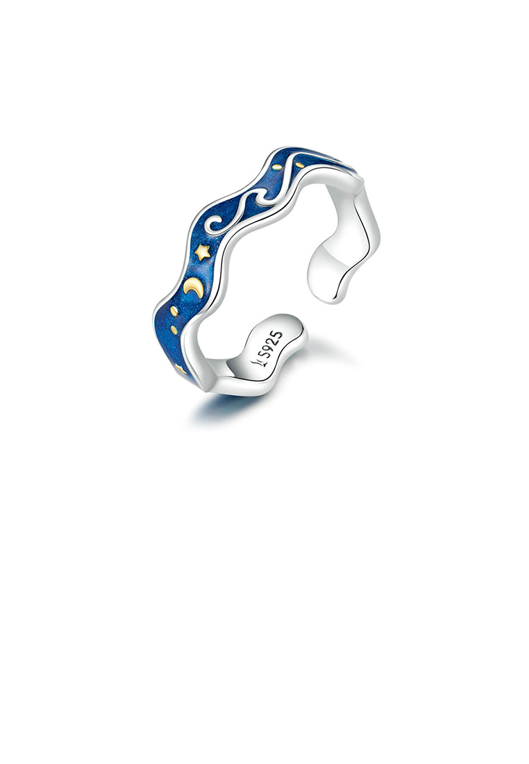 SOEOES 925純銀時尚氣質琺瑯星空波紋可調式開口戒指