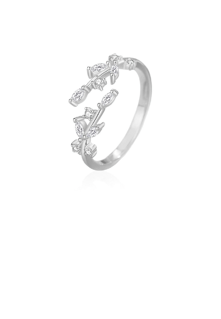 SOEOES 925 純銀簡約時尚葉可調式開口戒指配方晶鋯石
