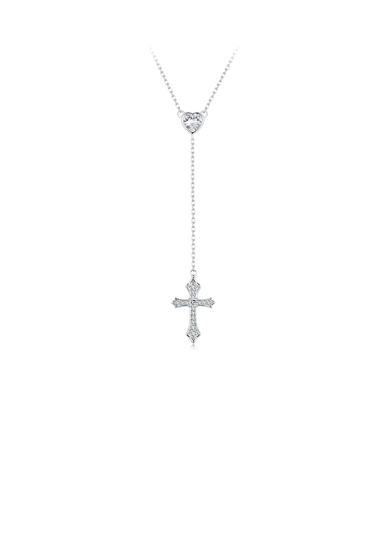 SOEOES 925 純銀時尚簡約心型流蘇十字架吊墜配方晶鋯石與項鍊