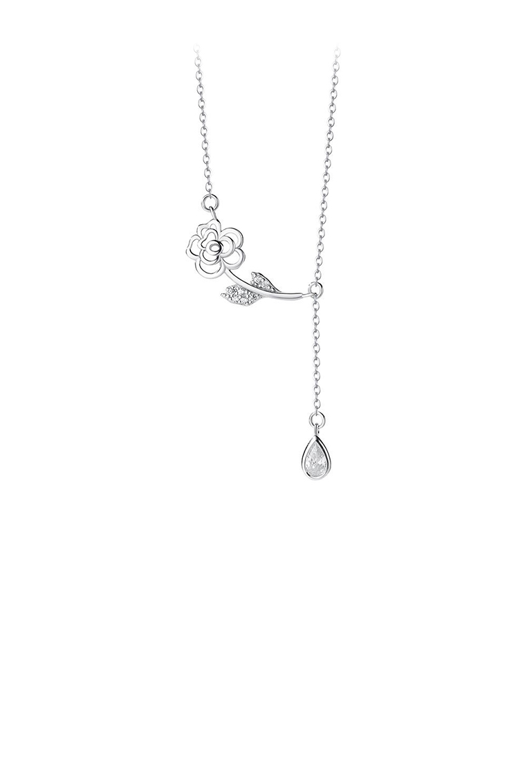 SOEOES 925 純銀時尚簡約玫瑰水滴流蘇吊墜配方晶鋯石與項鍊