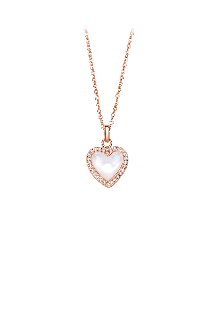 SOEOES 925 純銀鍍玫瑰金簡約時尚心型珍珠母貝吊墜配方晶鋯石與項鍊