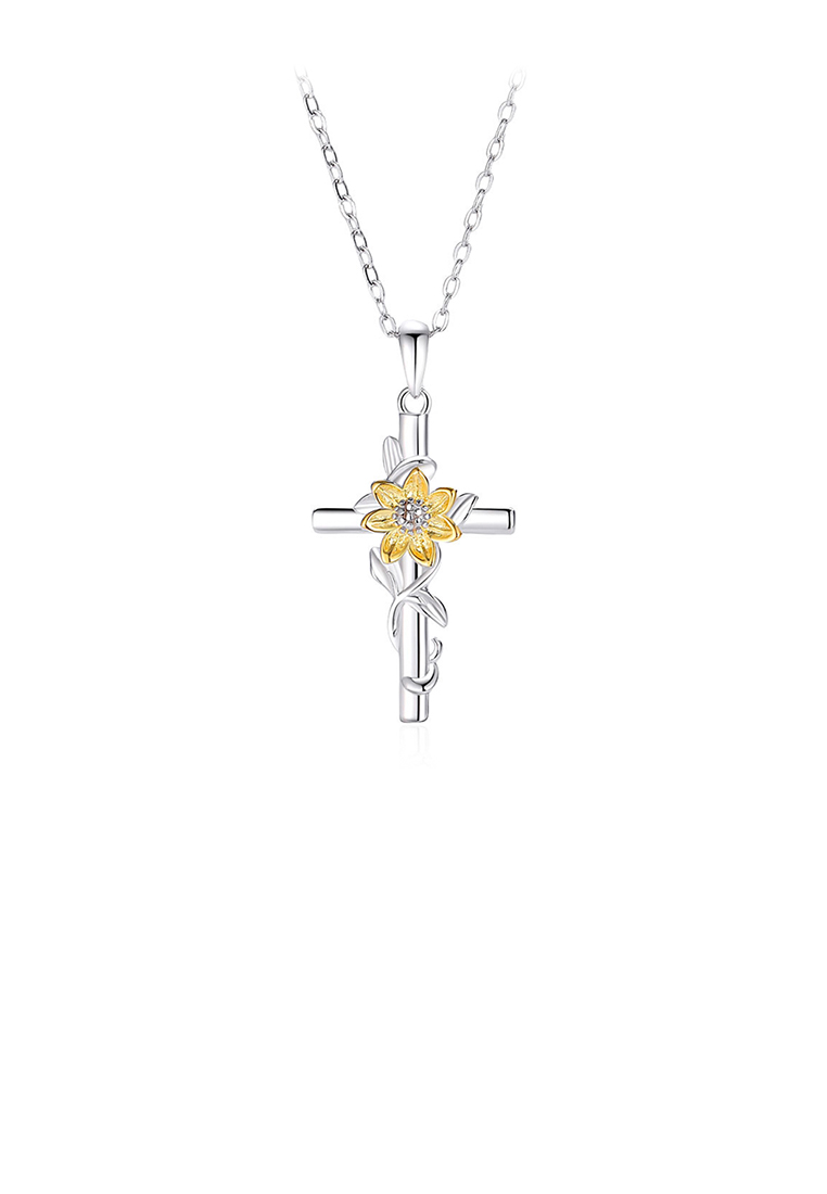 SOEOES 925純銀時尚創意金向日葵十字架吊墜配方晶鋯石和項鍊