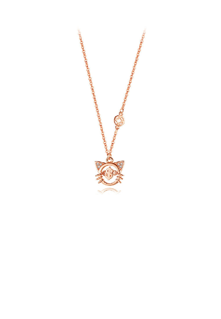 SOEOES 925 純銀鍍玫瑰金可愛時尚招財貓吊墜配方晶鋯石和項鍊