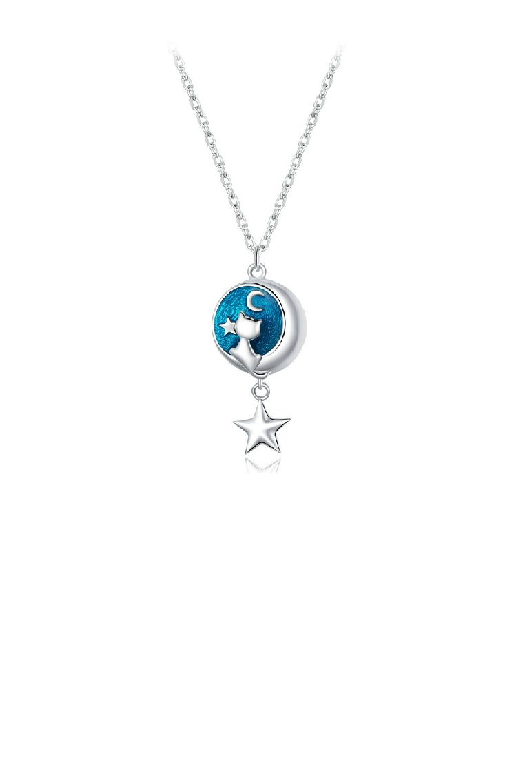 SOEOES 925純銀時尚氣質月星貓藍色琺瑯吊墜配項鍊