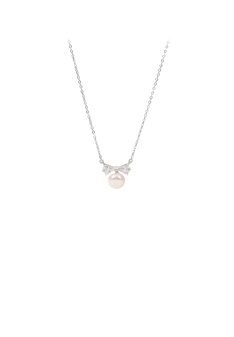 SOEOES 925 純銀簡約甜美絲帶仿珍珠吊墜配方晶鋯石和項鍊