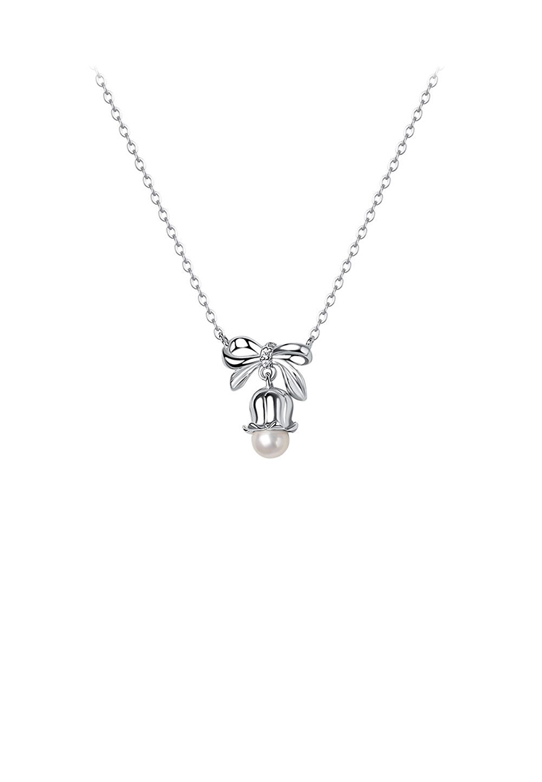 SOEOES 925 純銀時尚簡約緞帶鈴蘭吊墜搭配仿珍珠與項鍊