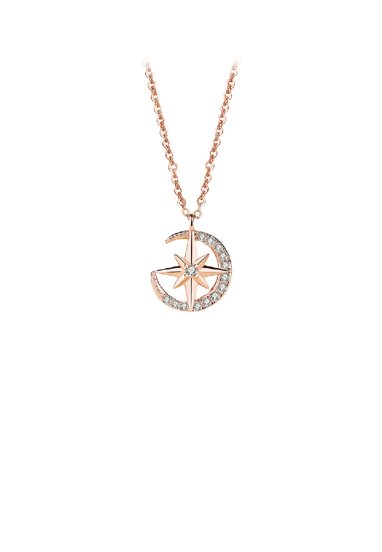 SOEOES 925純銀鍍玫瑰金簡約時尚八角星月吊飾配方晶鋯石項鍊