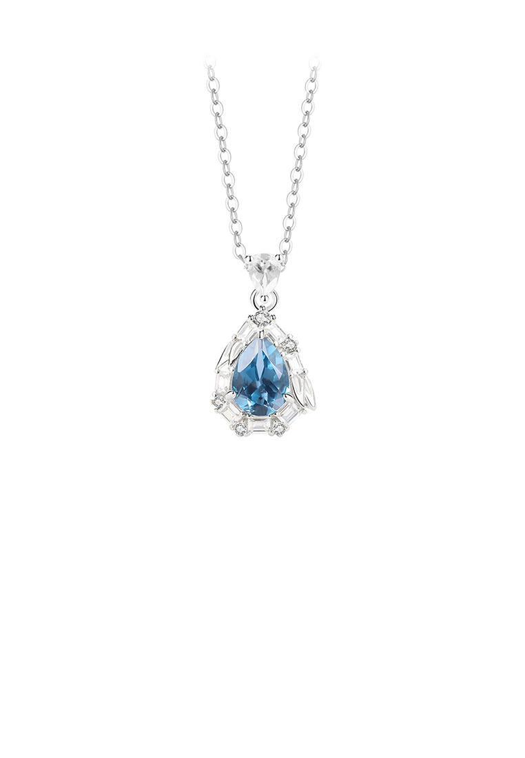 SOEOES 925 純銀時尚簡約水滴形吊墜搭配藍色方晶鋯石與項鍊