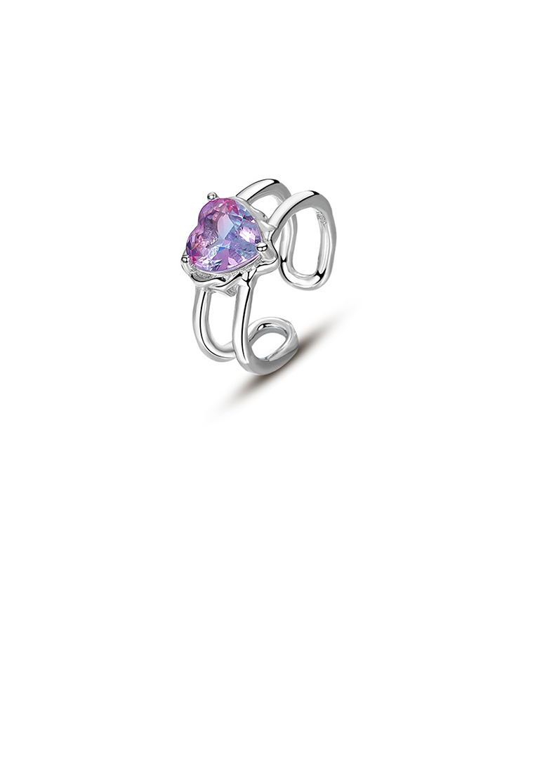SOEOES 925 純銀時尚浪漫溶心幾何可調式開口戒指配紫色方晶鋯石