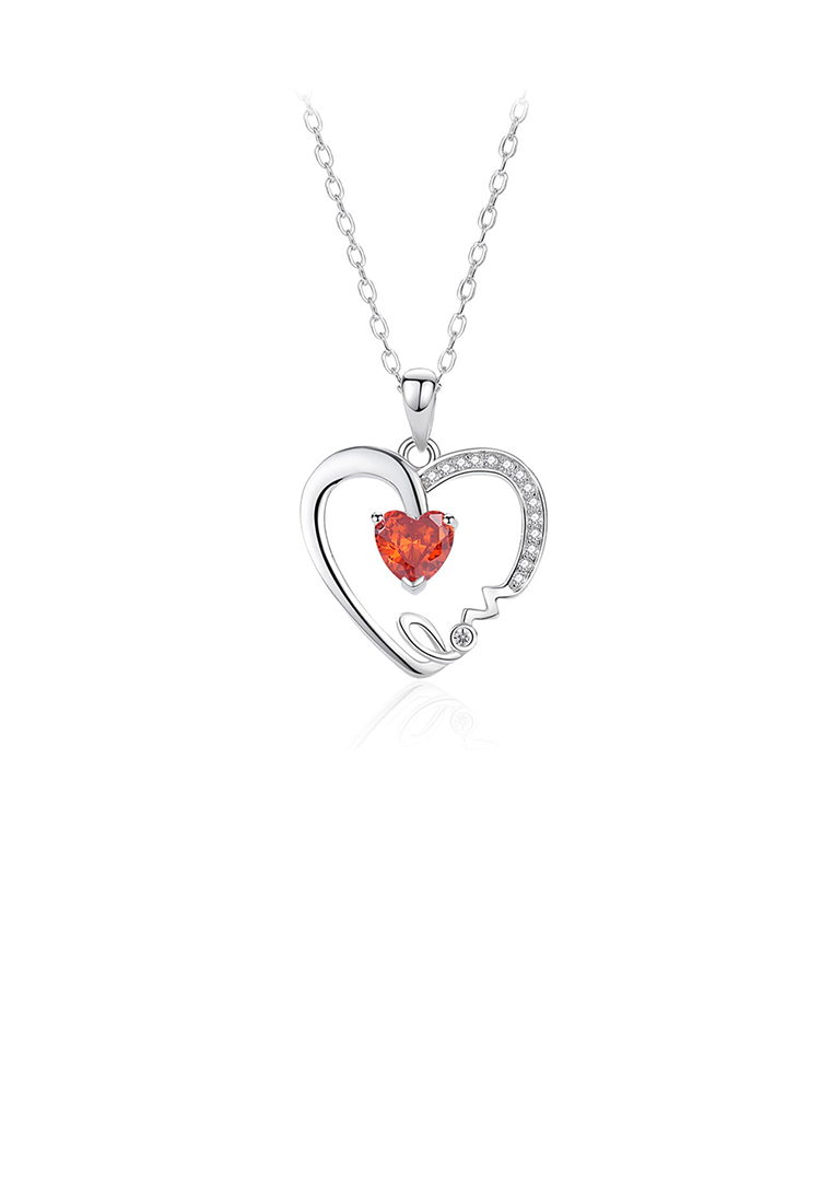 SOEOES 925 純銀簡約浪漫愛情心型吊墜搭配紅色方晶鋯石與項鍊