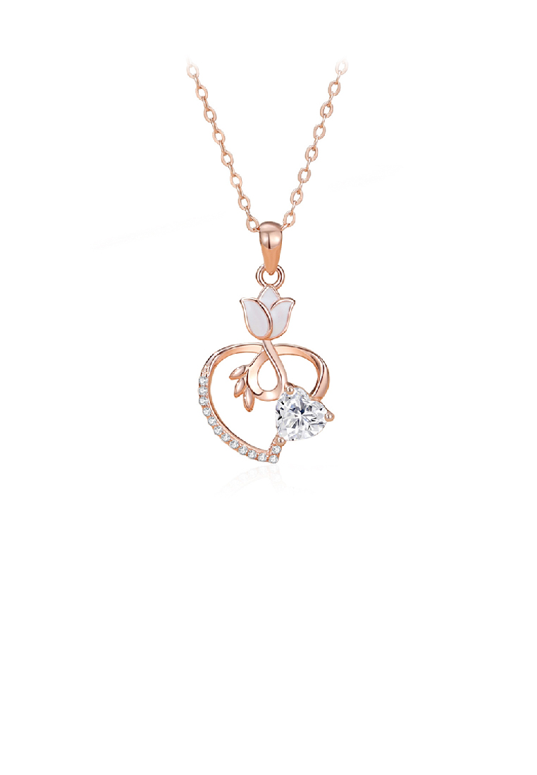 SOEOES 925純銀鍍玫瑰金時尚氣質鬱金香心型吊飾配方晶鋯石與項鍊