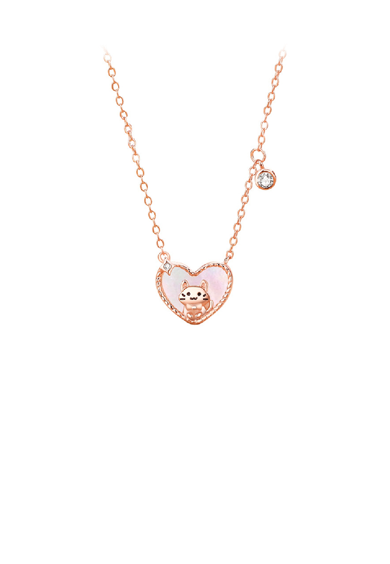 SOEOES 925 純銀鍍玫瑰金簡約可愛貓咪心型珍珠母貝吊墜配方晶鋯石與項鍊