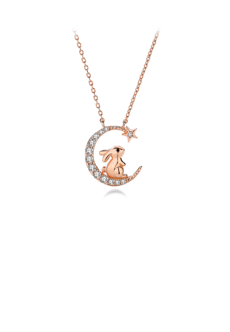 SOEOES 925 純銀鍍玫瑰金時尚可愛兔子月亮吊墜配方晶鋯石和項鍊