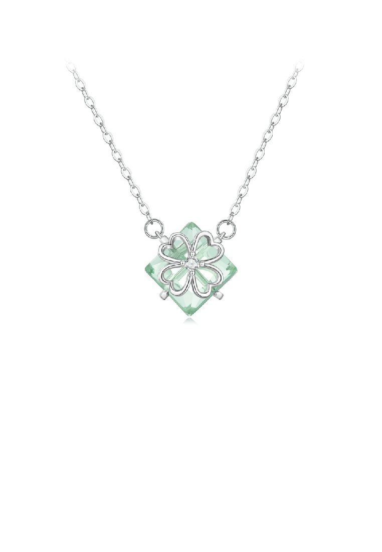 SOEOES 925純銀時尚氣質四葉草方形綠方晶鋯石吊墜配項鍊