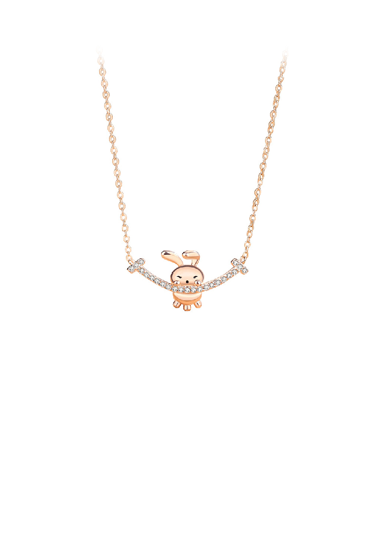 SOEOES 925 純銀鍍玫瑰金時尚可愛微笑兔子吊墜配方晶鋯石和項鍊
