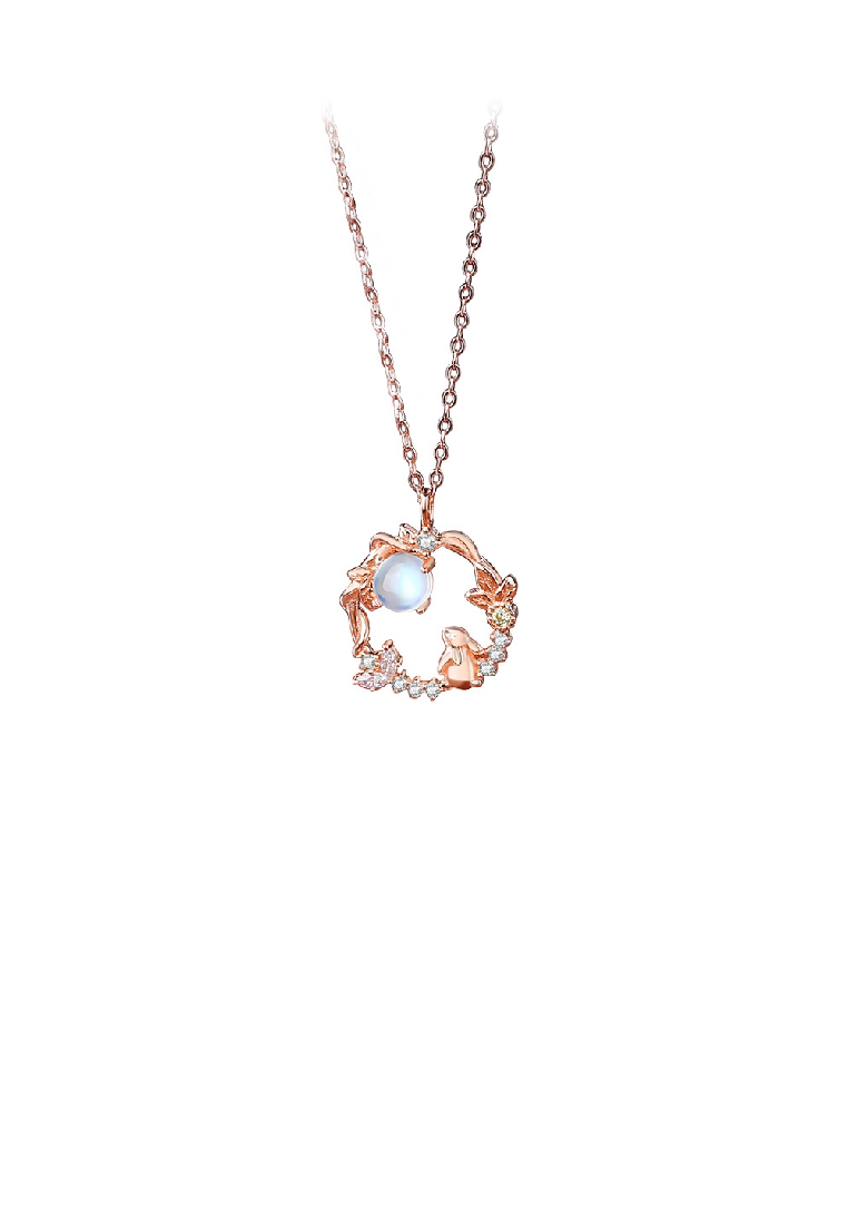 SOEOES 925 純銀鍍玫瑰金時尚可愛兔子月光石幾何吊墜配方晶鋯石和項鍊