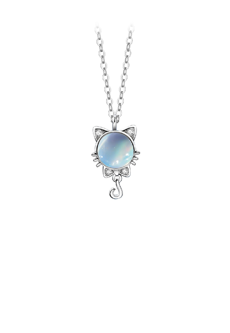 SOEOES 925 純銀時尚可愛貓咪月光石吊墜配方晶鋯石和項鍊