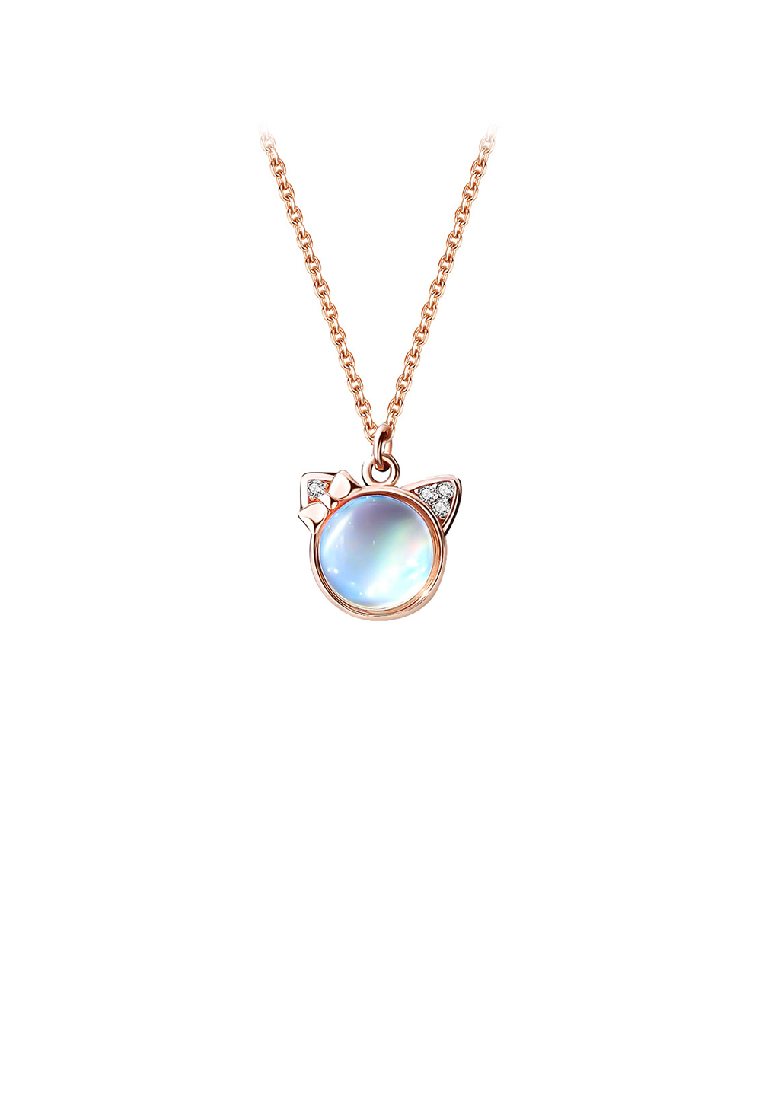 SOEOES 925 純銀鍍玫瑰金時尚可愛貓咪月光石吊墜配方晶鋯石和項鍊