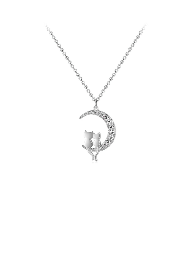 SOEOES 925 純銀時尚可愛雙貓月亮吊墜配方晶鋯石和項鍊