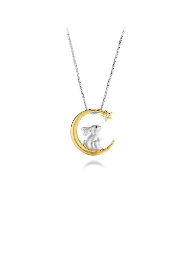 SOEOES 925 純銀時尚可愛兔子金月亮吊墜配方晶鋯石和項鍊