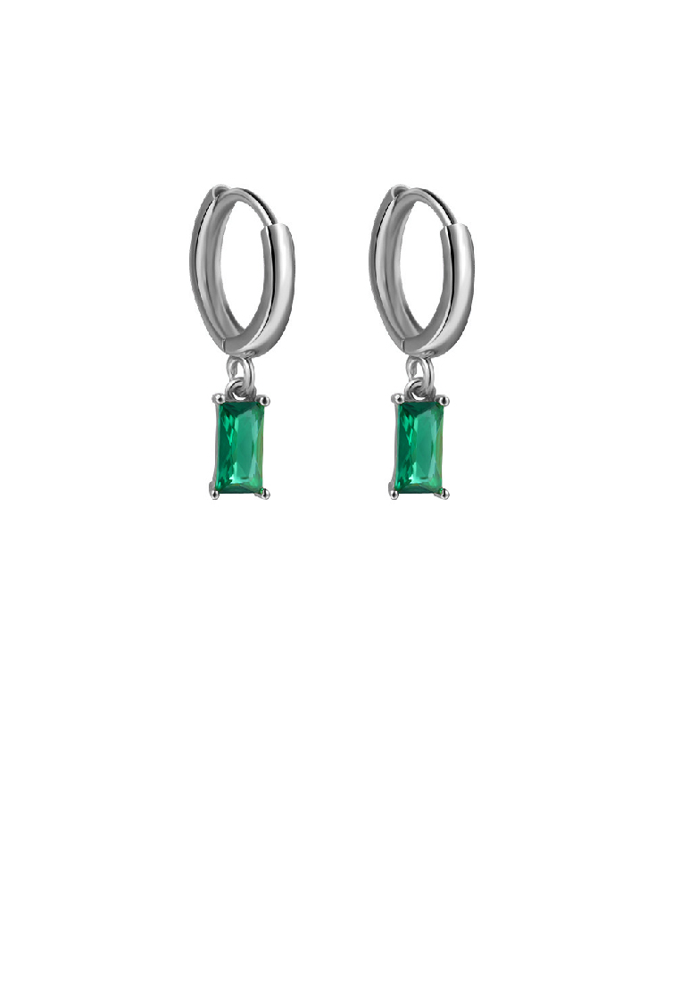 SOEOES 925純銀簡約時尚幾何方形綠色方晶鋯石圓形耳環