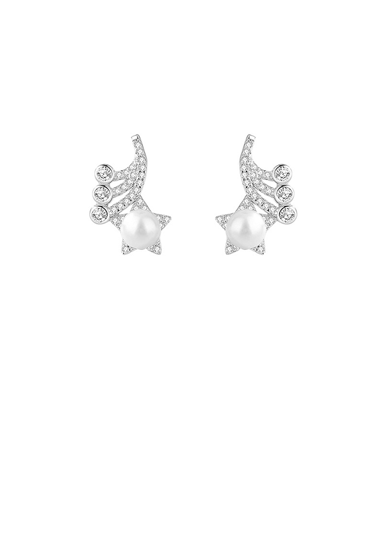 SOEOES 925純銀時尚氣質星星仿珍珠方晶鋯石耳環