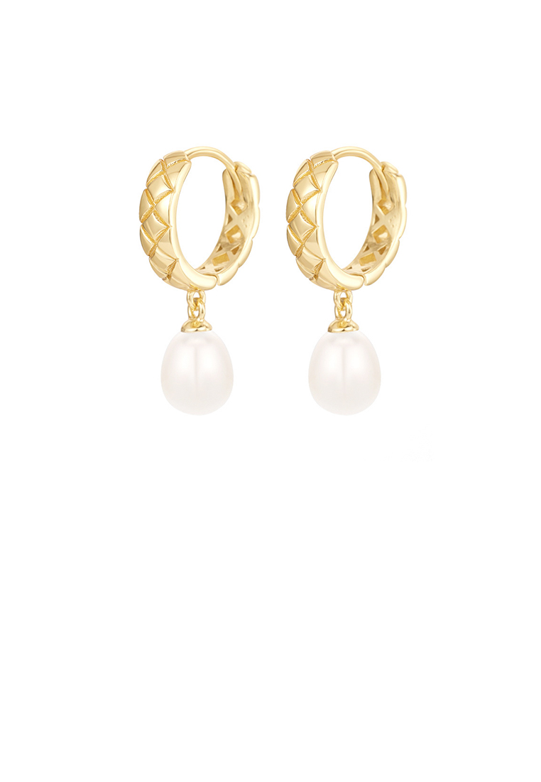 SOEOES 925 純銀鍍金時尚優雅鑽石圖案幾何淡水珍珠耳環