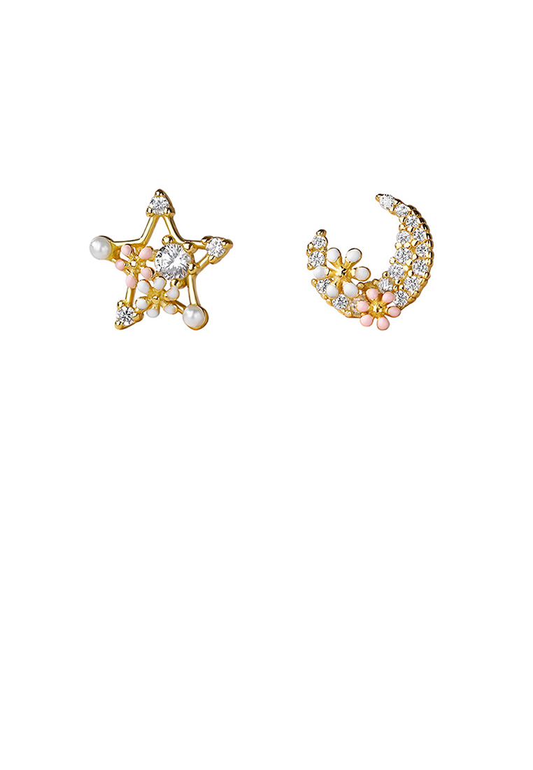 SOEOES 925 純銀鍍金時尚甜美月亮星星仿珍珠不對稱耳環配方晶鋯石