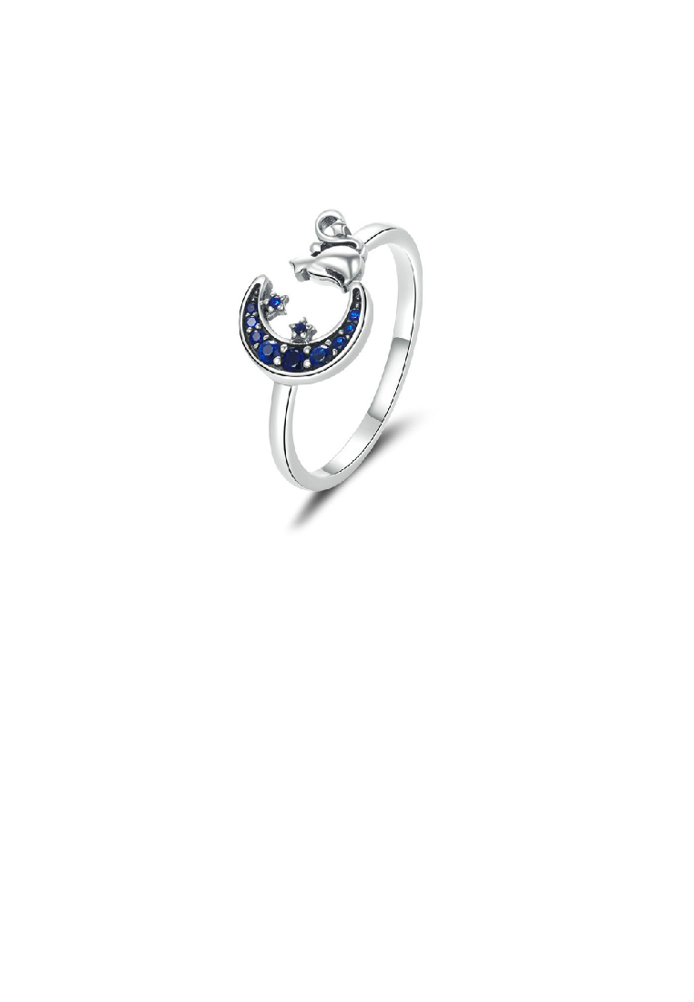 SOEOES 925 純銀簡約可愛貓咪月亮可調式開口戒指配藍色方晶鋯石