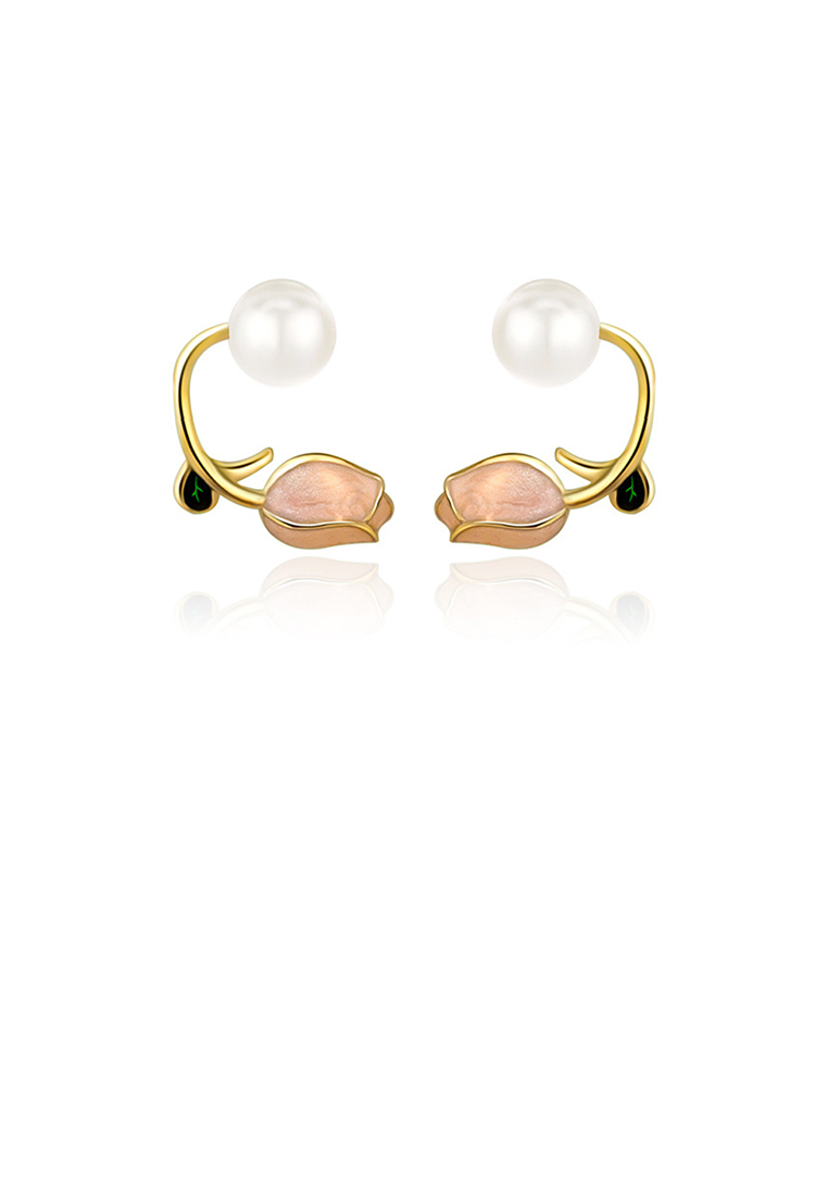 SOEOES 925純銀鍍金時尚氣質琺瑯鬱金香淡水珍珠耳環
