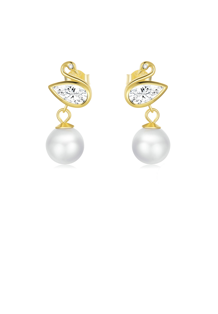 SOEOES 925 純銀鍍金時尚優雅天鵝仿珍珠耳環配方晶鋯石
