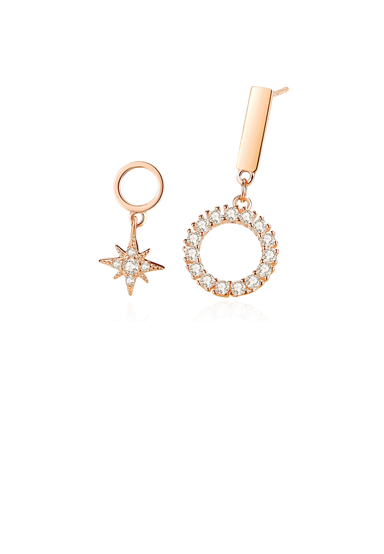SOEOES 925 純銀鍍玫瑰金時尚簡約八尖星圈不對稱方晶鋯石耳環