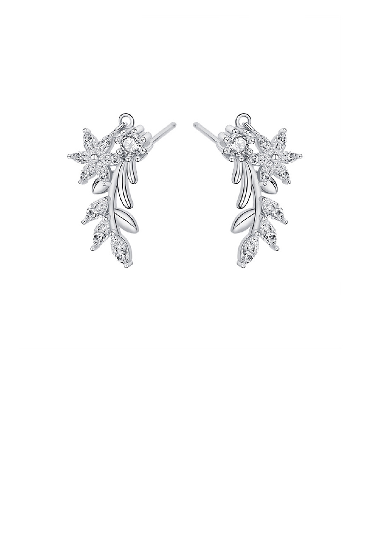 SOEOES 925純銀方晶鋯石時尚氣質花葉耳環