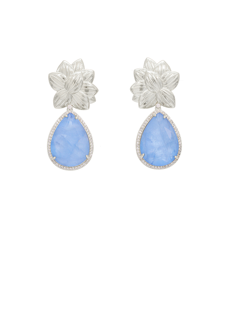 SOEOES 時尚優雅藍色方晶鋯石花朵水滴耳環