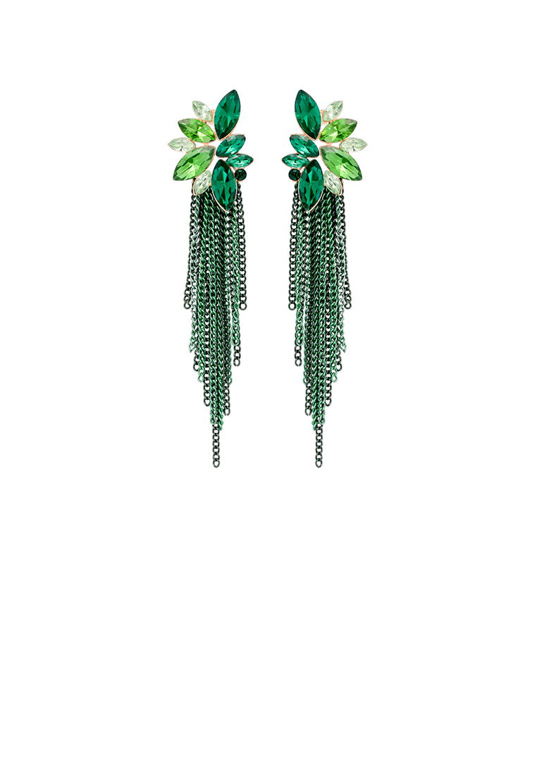 SOEOES 時尚氣質綠方晶鋯石鍍金花卉流蘇耳環