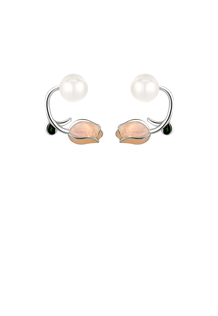 SOEOES 925純銀時尚氣質琺瑯鬱金香淡水珍珠耳環
