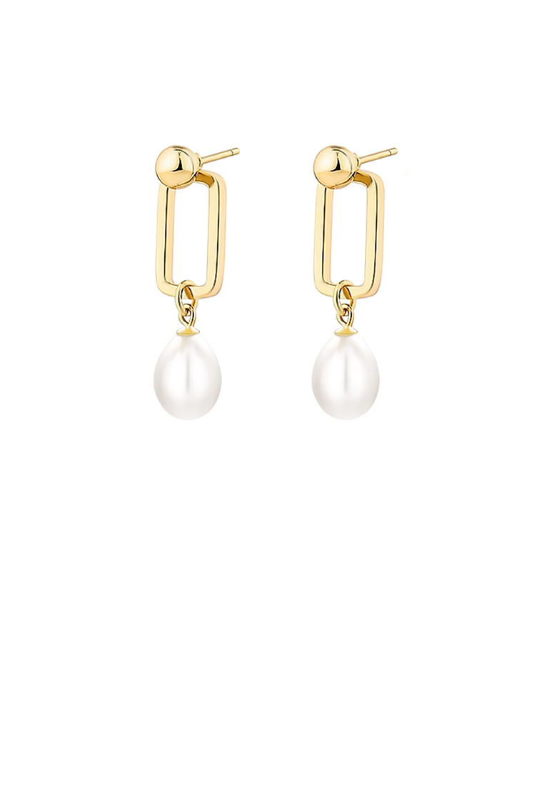SOEOES 925純銀鍍金簡約時尚鏤空幾何方形淡水珍珠耳環