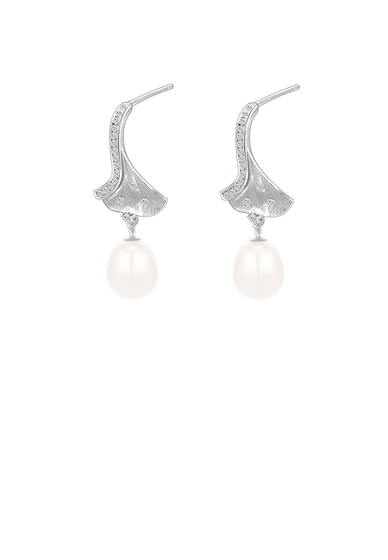 SOEOES 925純銀時尚氣質銀杏葉淡水珍珠方晶鋯石耳環