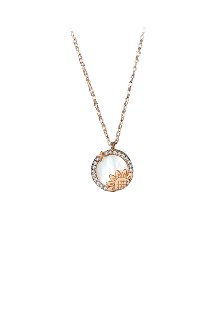 SOEOES 925純銀鍍玫瑰金時尚氣質向日葵幾何圓形珍珠母貝吊墜配方晶鋯石項鍊