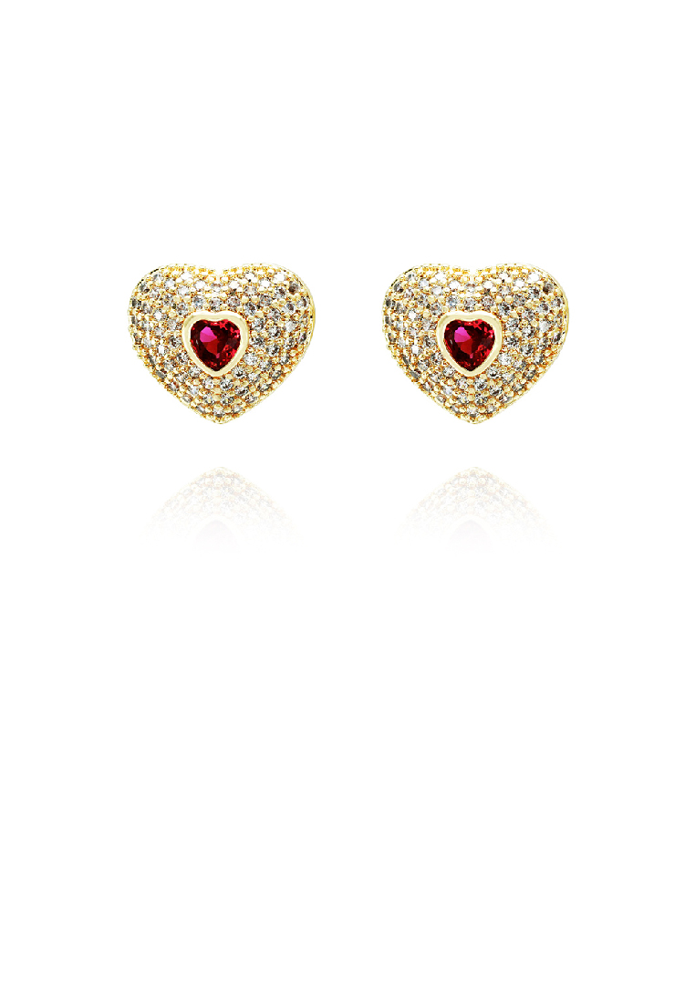 SOEOES 時尚明亮式鍍金心型耳環配紅色方晶鋯石