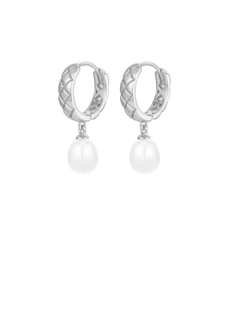 SOEOES 925 純銀時尚優雅鑽石圖案幾何淡水珍珠耳環
