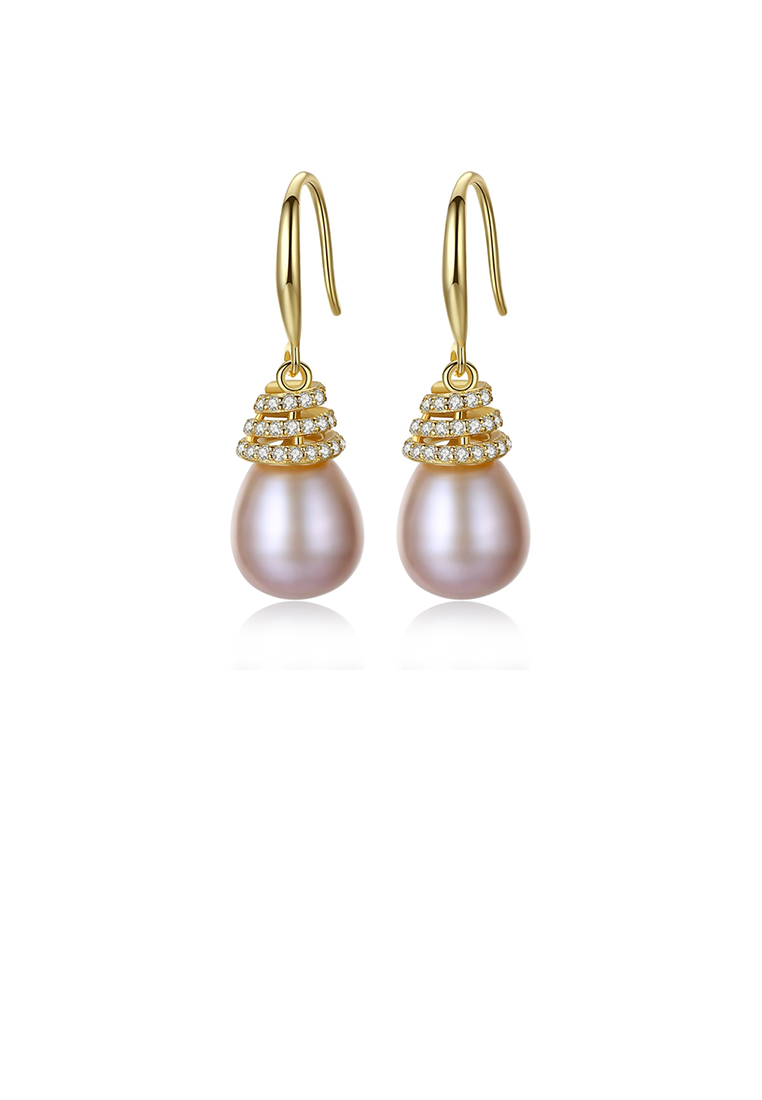 SOEOES 925純銀鍍金時尚優雅水滴形紫色仿珍珠方晶鋯石耳環